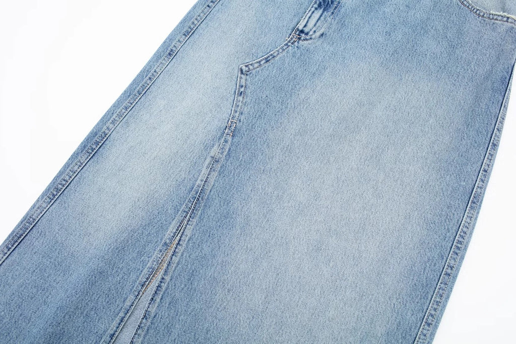 Women's Diagonal Patchwork Mid Rise Denim Skirt