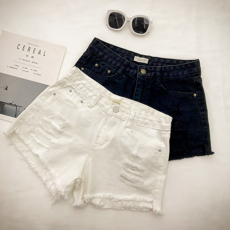 Wubi Crab With Cotton Ripped Holes High Waist Wide Leg Denim Shorts Women Loose Students All-Match Hot Pants
