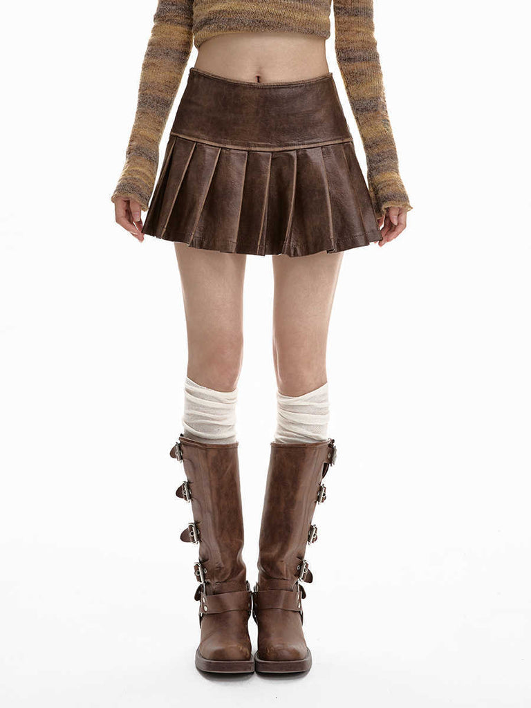 PU Leather Skirt Women's High Waist Slimming A- Line Pleated Skirt