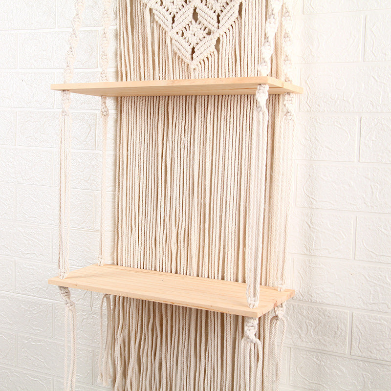 Bohemian 2-layer Wooden Shelf Tapestry Measures Woven Wood Shelf Wall Decoration For Home
