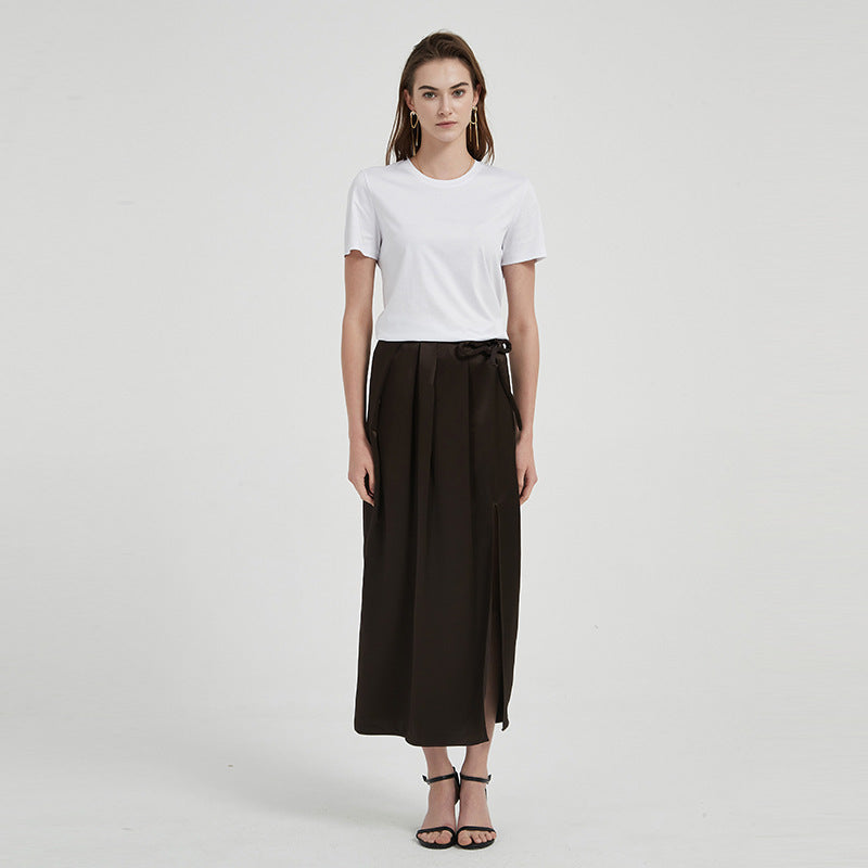 Satin Triacetate Light Draping Rope Floating Pleated Slit Skirt Summer Women's High Waist