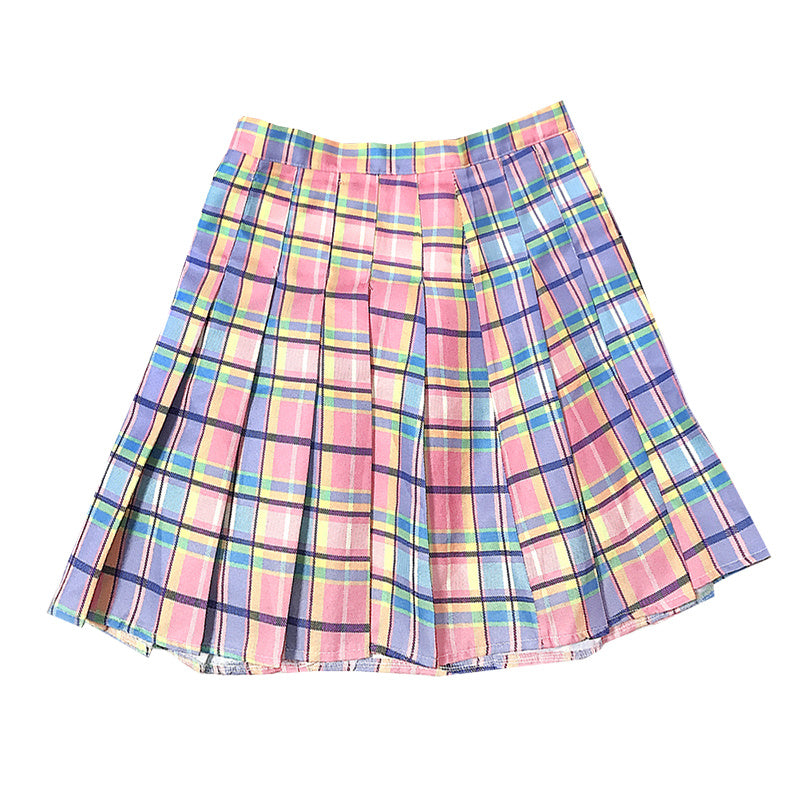 Gradient pink plaid loose a word college wind bottom pleated skirt