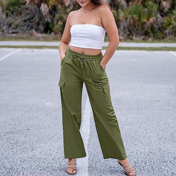 Women's Cotton Pocket Smocking Workwear Casual Pants