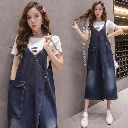 Korean Style Loose Casual Denim Suspender Skirt Mid-length