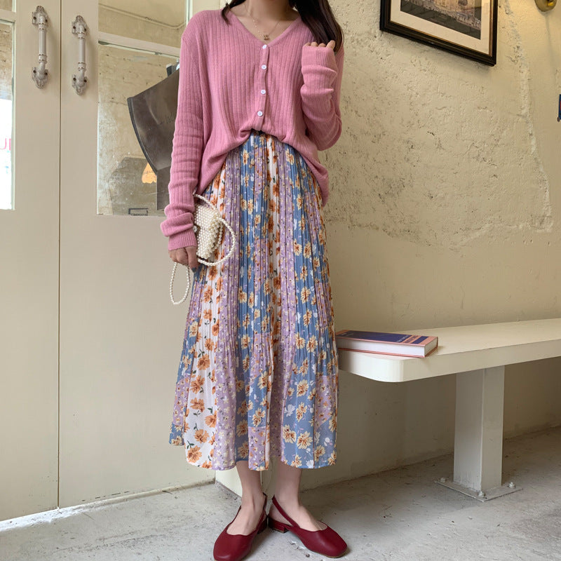 Summer New Style Temperament Color Matching Floral Pleated Mid-Length Chiffon Skirt Women
