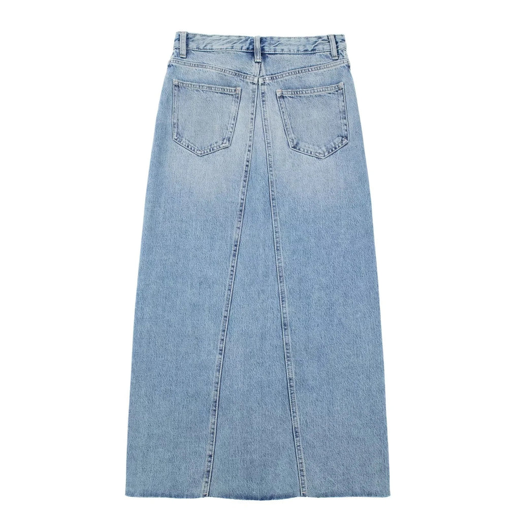Women's Diagonal Patchwork Mid Rise Denim Skirt