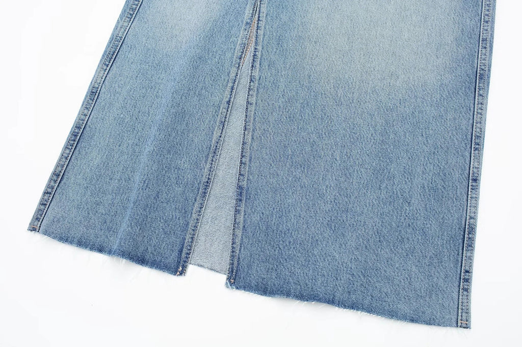 Women's Diagonal Patchwork Mid Rise Denim Skirt