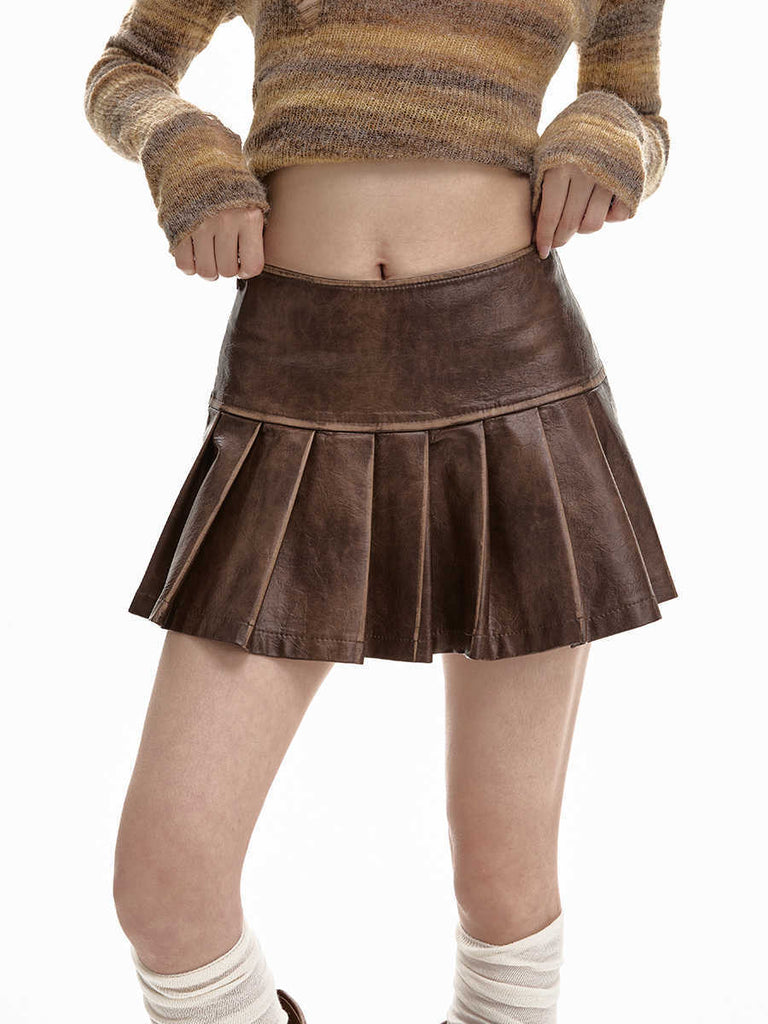 PU Leather Skirt Women's High Waist Slimming A- Line Pleated Skirt