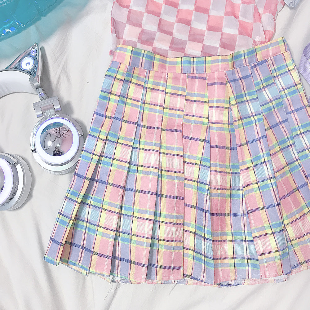 Gradient pink plaid loose a word college wind bottom pleated skirt