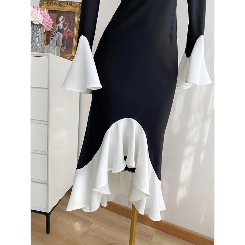 Black Patchwork Fishtail Dress For Women