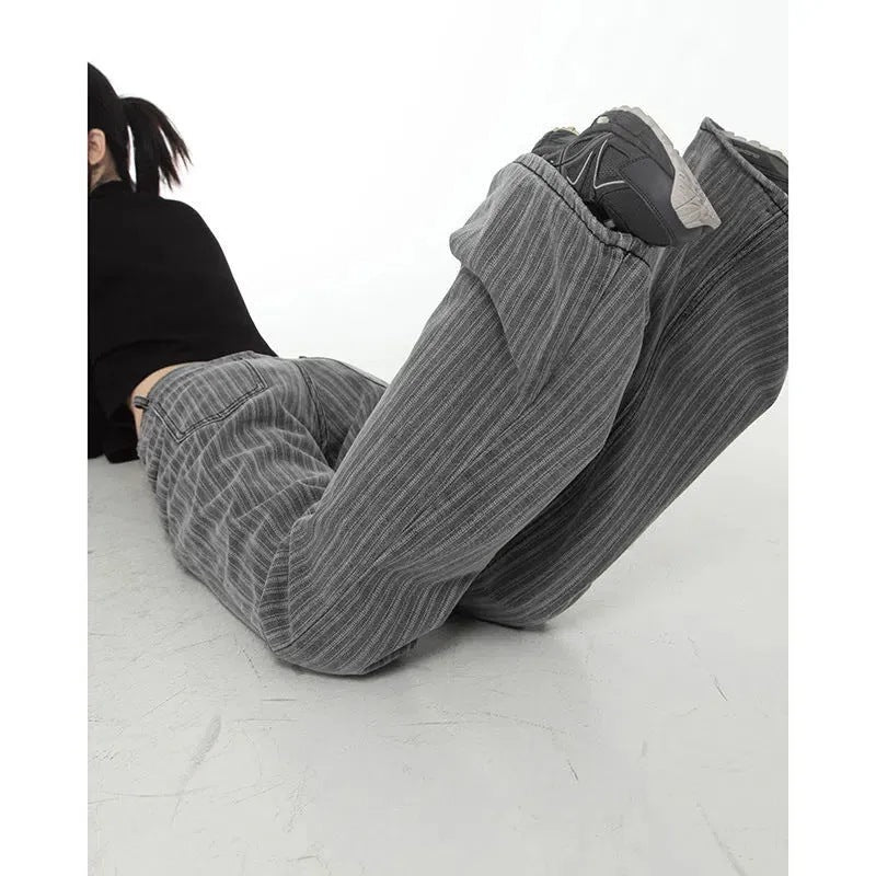 High-waisted Striped Horn Horseshoe Jeans Women's Mopping Wide-leg Pants