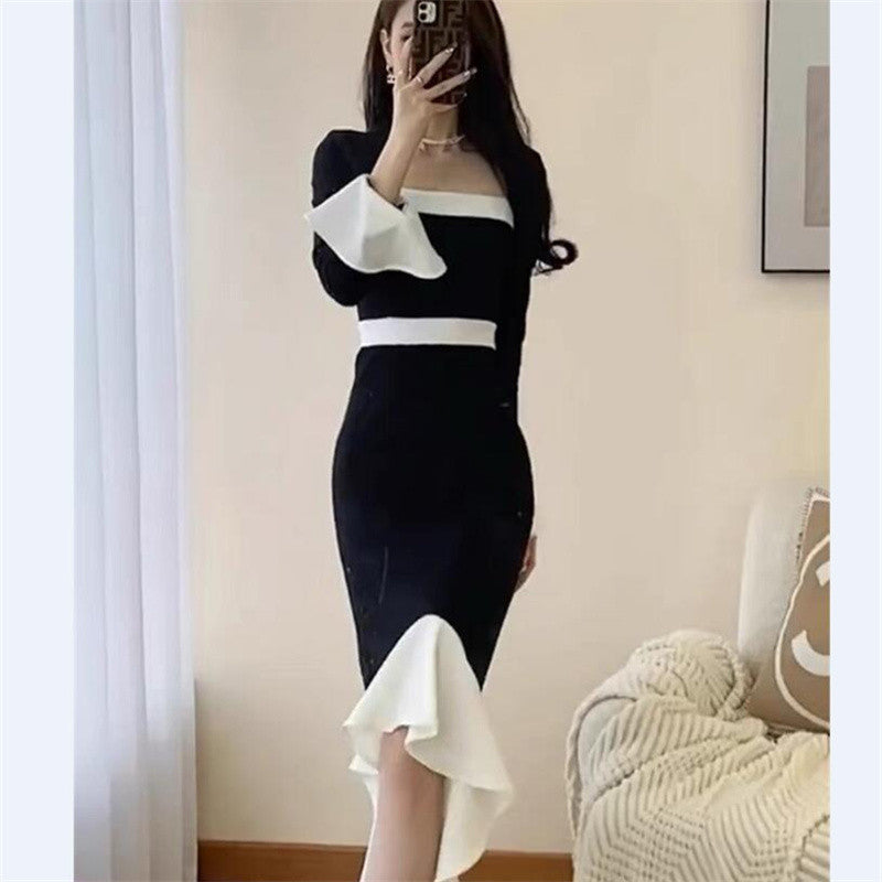 Black Patchwork Fishtail Dress For Women