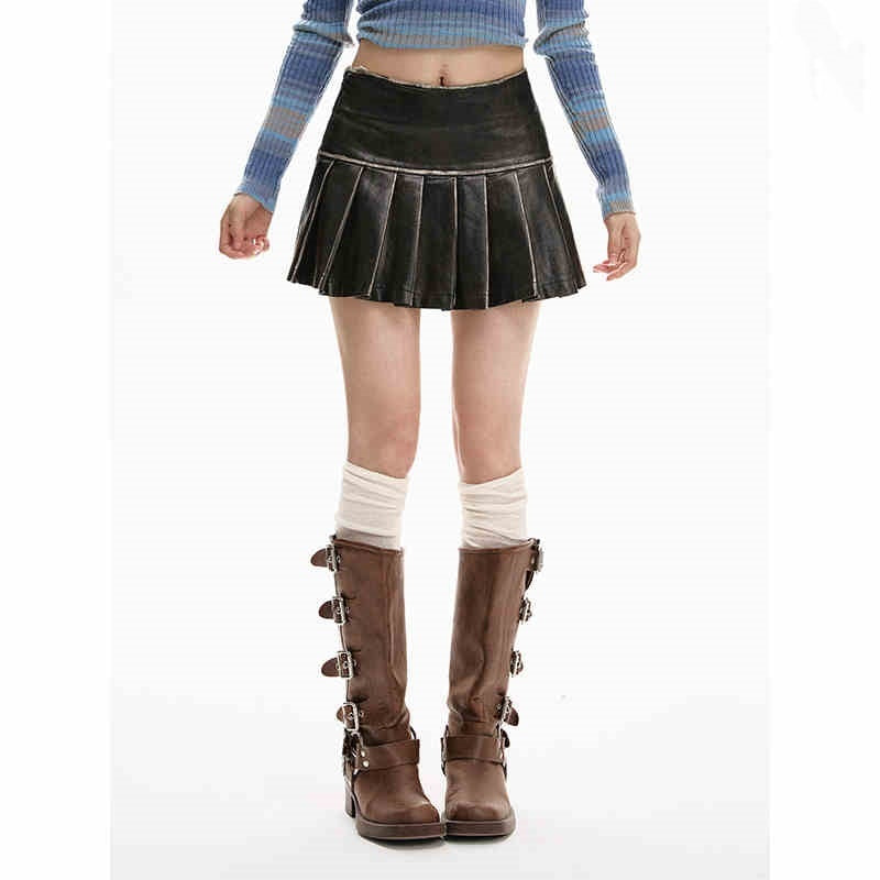 PU Leather Skirt Women's High Waist Slimming A- Line Pleated Skirt