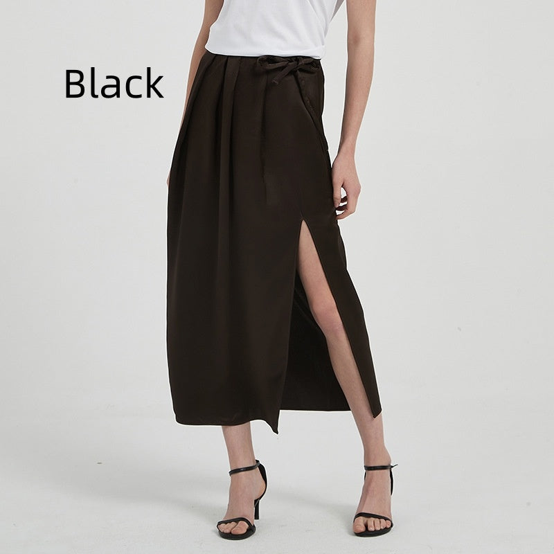 Satin Triacetate Light Draping Rope Floating Pleated Slit Skirt Summer Women's High Waist