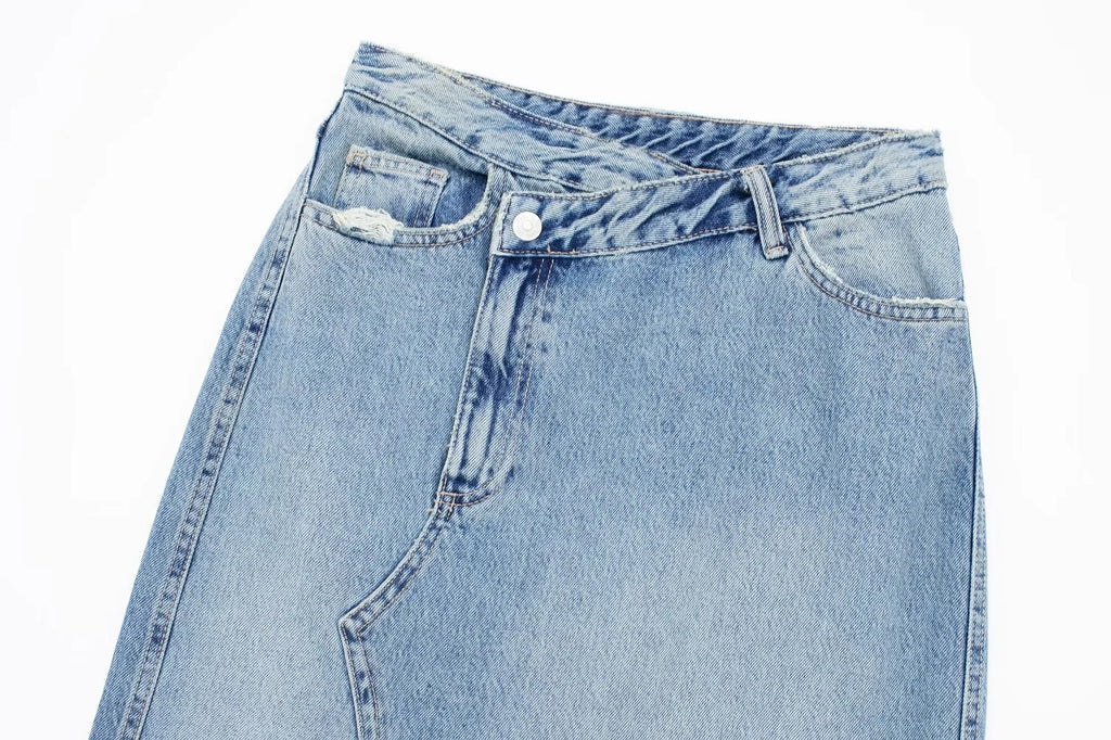 Women's Diagonal Patchwork Mid Rise Denim Skirt
