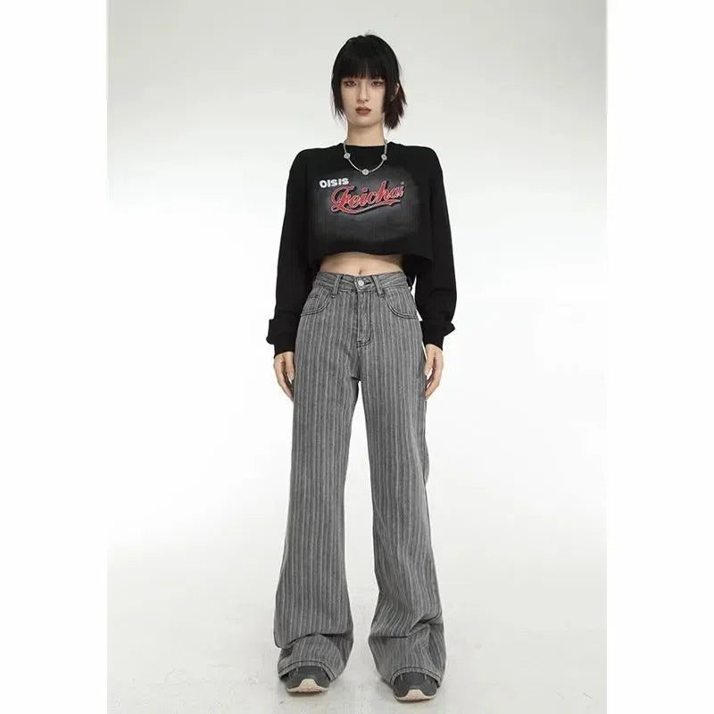 High-waisted Striped Horn Horseshoe Jeans Women's Mopping Wide-leg Pants