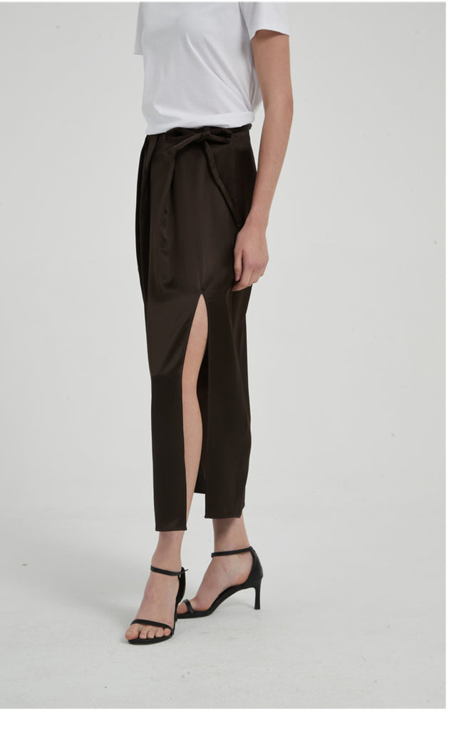 Satin Triacetate Light Draping Rope Floating Pleated Slit Skirt Summer Women's High Waist