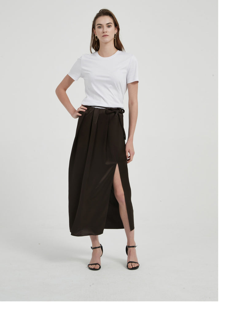 Satin Triacetate Light Draping Rope Floating Pleated Slit Skirt Summer Women's High Waist