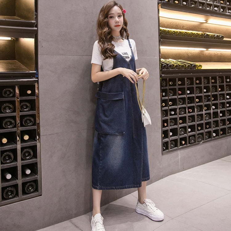 Korean Style Loose Casual Denim Suspender Skirt Mid-length