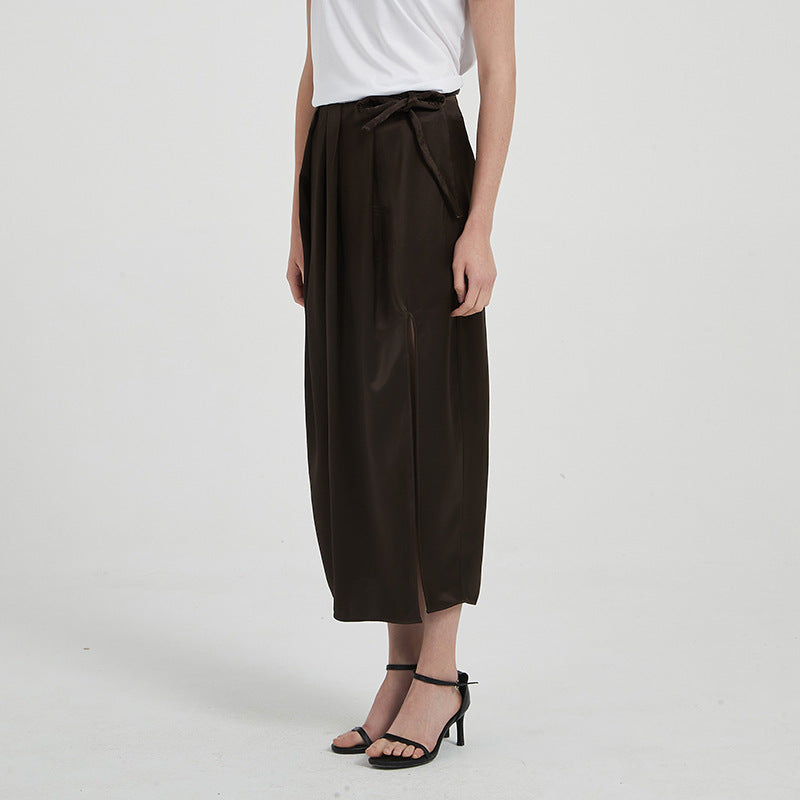 Satin Triacetate Light Draping Rope Floating Pleated Slit Skirt Summer Women's High Waist