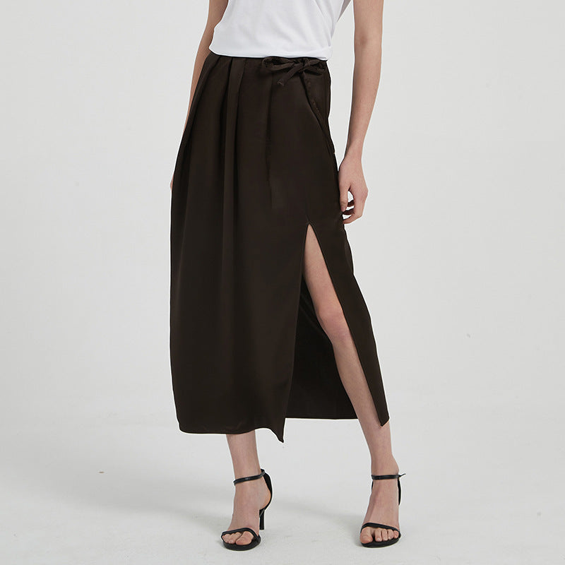 Satin Triacetate Light Draping Rope Floating Pleated Slit Skirt Summer Women's High Waist