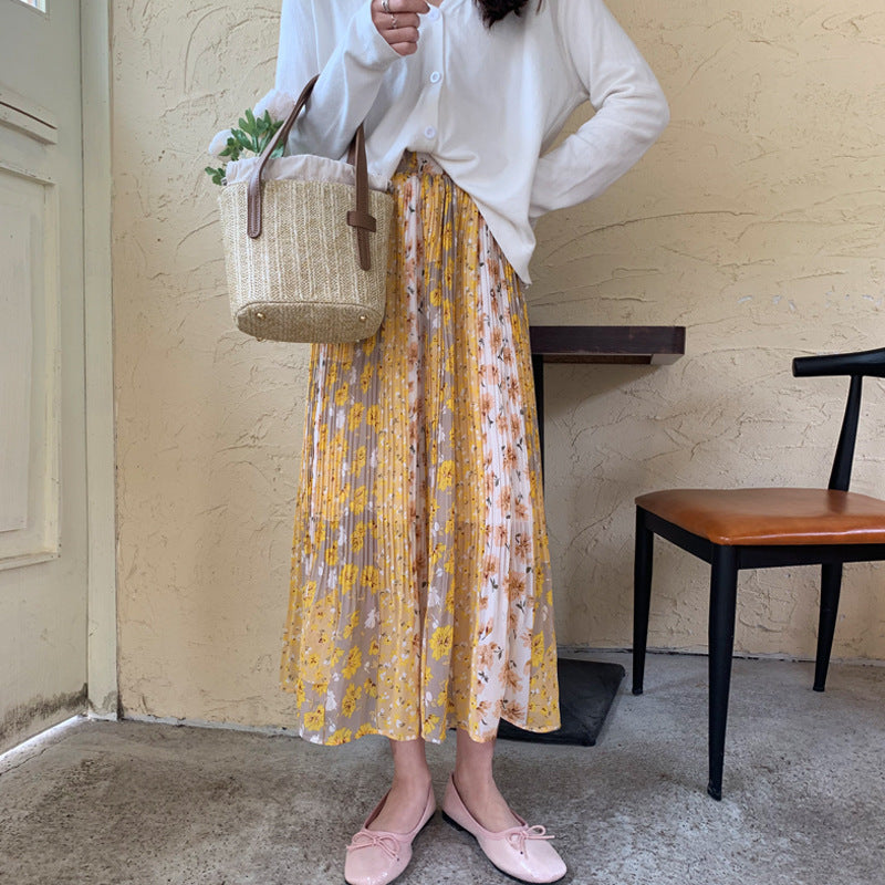 Summer New Style Temperament Color Matching Floral Pleated Mid-Length Chiffon Skirt Women