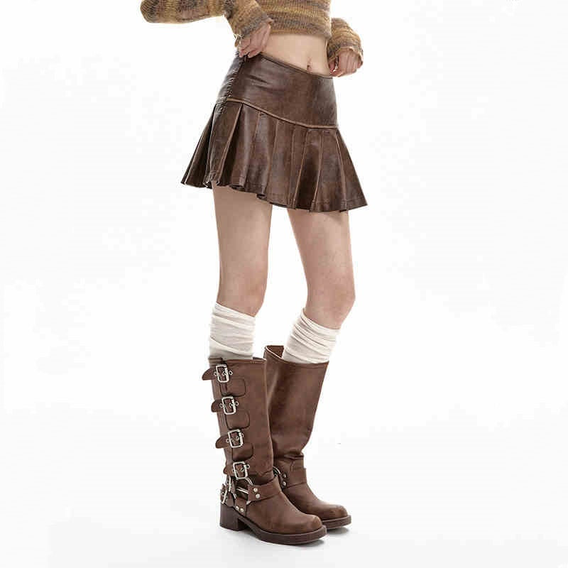 PU Leather Skirt Women's High Waist Slimming A- Line Pleated Skirt