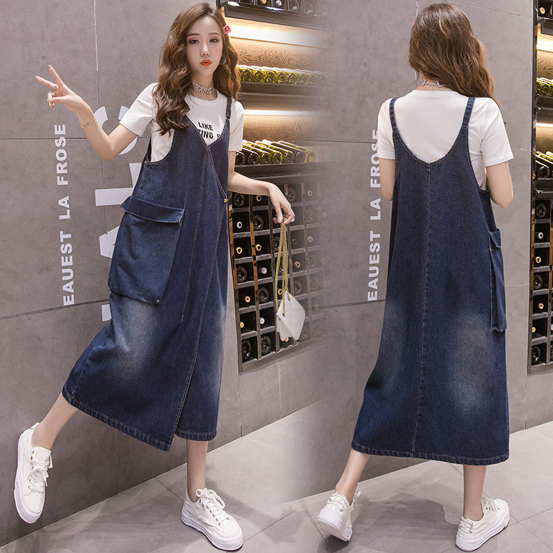 Korean Style Loose Casual Denim Suspender Skirt Mid-length