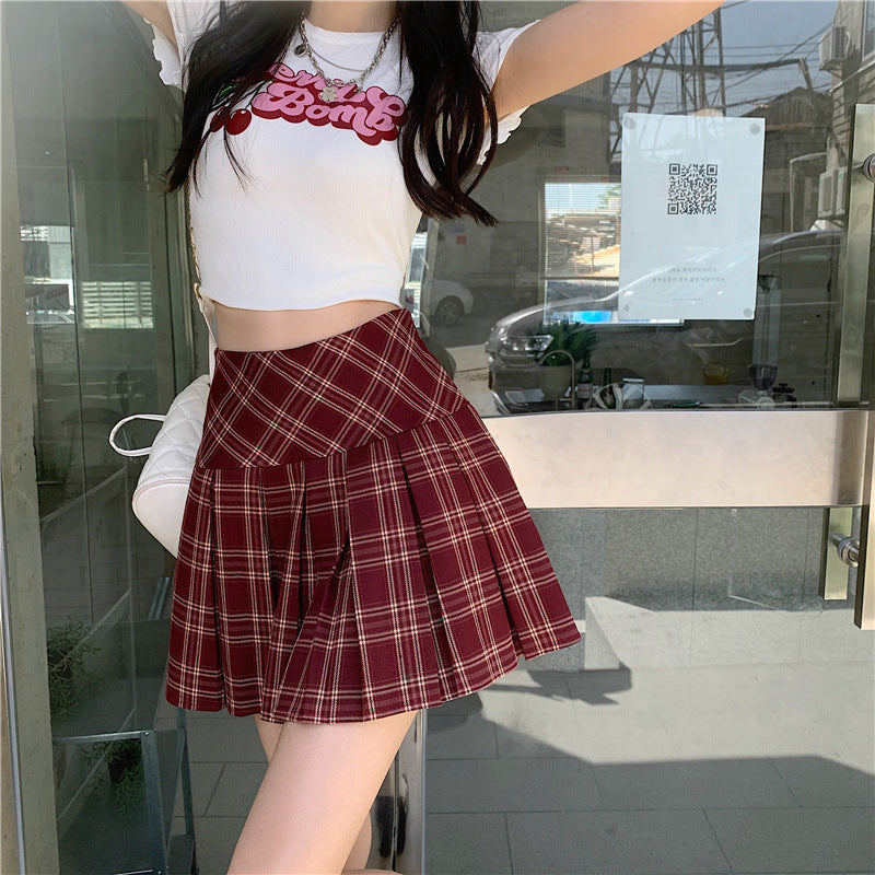 High Waist Check Skirt Women's Slimming Pleated Skirt